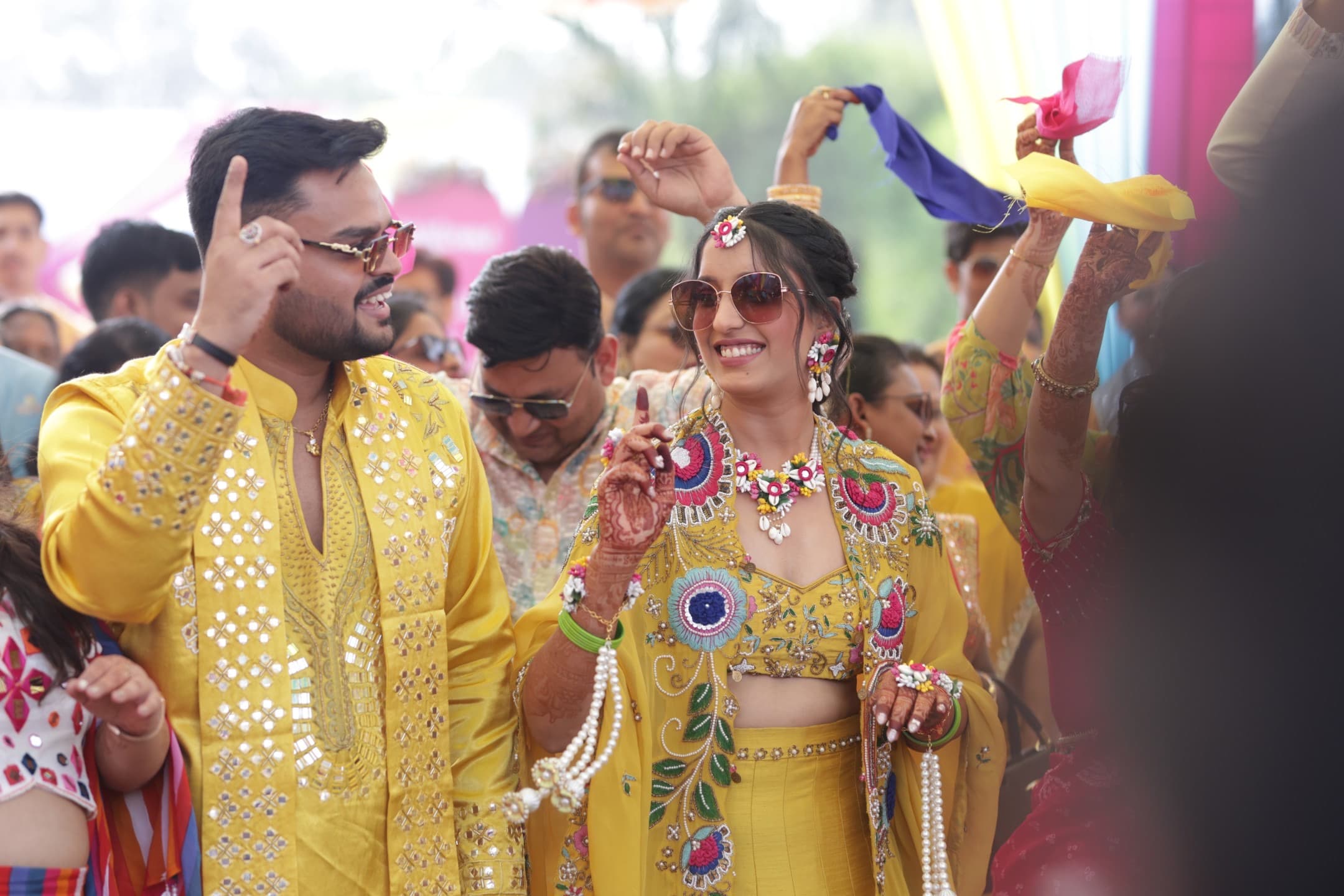 Arjun and Shagun dancing at Haldi in matching yellow outfits
